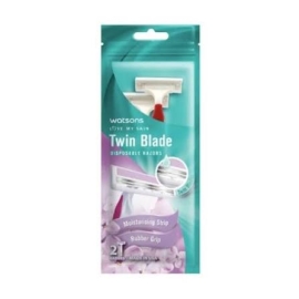 Watsons Women Twin Blade Disposable Razors, 2 packets, featuring disposable twin-blade razors with ergonomic handles for a comfortable shave, packaged in branded retail packaging.