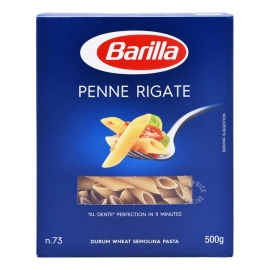Barilla Penne Rigate Pasta 500g with branded packaging, premium Italian ridged penne pasta ideal for preparing classic pasta dishes, creamy sauces, baked recipes, and flavorful meals.