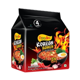 Doodles Korean Ramen 4 Pieces pack with branded packaging, Korean-style instant noodles featuring savory spicy flavor, perfect for preparing quick and delicious ramen meals.