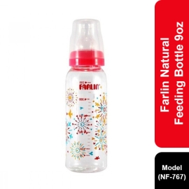 Farlin Natural Feeding Bottle 9oz (NF-767) with a transparent bottle, soft silicone nipple, secure cap, and ergonomic design for comfortable, natural feeding for babies.
