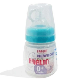 Farlin Standard Neck Feeding Bottle, 120ml capacity, with a clear bottle, soft silicone nipple, transparent protective cap, and pink collar, designed for comfortable and safe baby feeding.