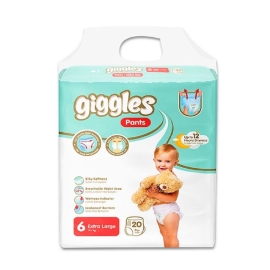 Giggles Baby Pants XL diaper pack containing 20 disposable pull-up pants, designed for active babies with a soft, breathable, leak-proof fit for day and night comfort.