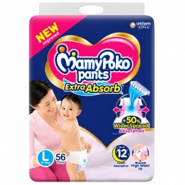 Mamypoko Pants Large diaper pants pack containing 56 pieces, designed for babies requiring large-size disposable diapers, shown in retail packaging.