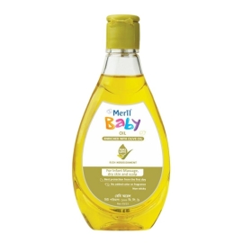 Meril Baby Oil 100ml bottle with branded packaging, gentle baby oil formulated to help moisturize and protect delicate skin, keeping baby's skin soft and smooth.