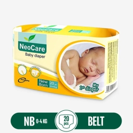 Neocare Newborn Diaper (0–4 kg), pack of 20 disposable diapers for newborn babies, soft and absorbent baby diaper packaging.