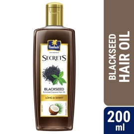 Parachute Advansed Secrets Blackseed Hair Oil 200ml bottle with blackseed extract and coconut oil for long, shiny, and nourished hair.