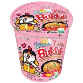 Samyang Carbo Hot Chicken Ramen Cup Noodles 80g with branded packaging, spicy instant ramen featuring creamy carbonara-style hot chicken flavor in a convenient cup format for quick meals.