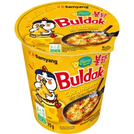 Samyang Cheese Cup 70g with branded packaging, instant ramen noodles with rich cheesy flavor in a convenient cup format, perfect for a quick and delicious meal.