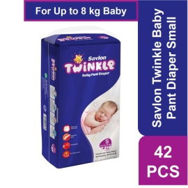 Savlon Twinkle Baby Pant Diaper Small 42 Pieces pack featuring soft, comfortable baby pant-style diapers designed for gentle protection and dryness.