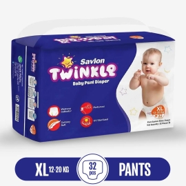 Savlon Twinkle Baby Pant Diaper XL pack containing 32 pieces, featuring soft and comfortable baby diapers designed for a secure fit and all-day protection.