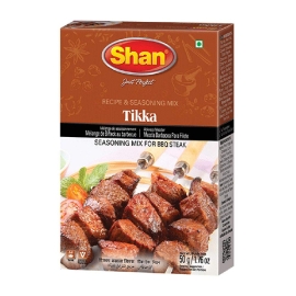 Shan Tikka Boti Mix BBQ 50g – Spicy BBQ tikka boti seasoning mix packet for preparing flavorful grilled meat dishes.