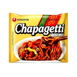 Nongshim Chapagetti 140g with branded packaging, Korean instant noodles featuring rich black bean sauce flavor, perfect for preparing a savory and delicious Jjajang-style noodle meal.