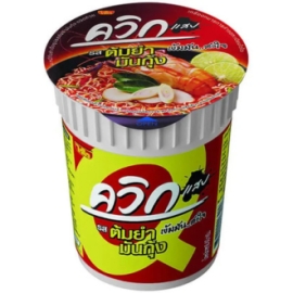 Wai Wai Tom Yum Mun Goong Instant Noodles Cup 60g with branded packaging, Thai-style instant noodles featuring spicy and sour creamy shrimp tom yum flavor in a convenient cup format.