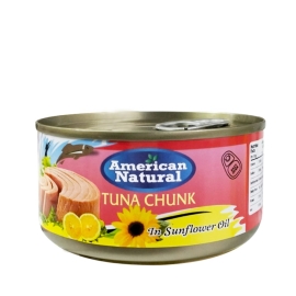 American Natural Chunk Tuna 185g can – canned tuna chunks in a compact tin packaging, ideal for salads, sandwiches, and everyday seafood recipes.
