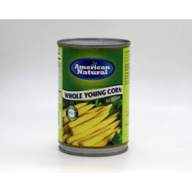 American Natural Whole Young Corn 425g can featuring whole young corn kernels preserved in a tin container, ideal for cooking and salads.
