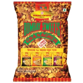 Bombay Sweets Chanachur 600g pack – crunchy spicy snack mix with lentils, peanuts, chickpeas, rice flakes, and aromatic spices.