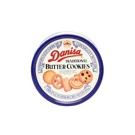 Danisa Butter Cookies 200g tin featuring assorted Danish-style butter cookies in a classic round metal container with a blue and gold design.