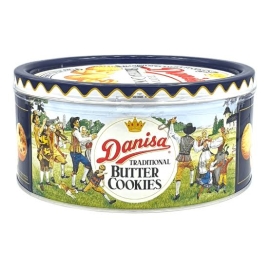 A 500g tin of Danisa Traditional Butter Cookies featuring assorted classic Danish-style butter biscuits in a decorative blue and gold package.