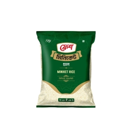Fresh Miniket Rice 5kg bag featuring premium long-grain rice grains in branded packaging, ideal for everyday cooking and meals.