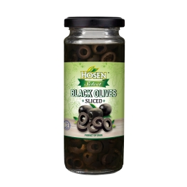 Hosen Black Sliced Olives 345g – Sliced black olives in a jar, perfect for salads, pizzas, pasta, and Mediterranean dishes.