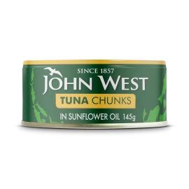 John West Tuna Chunks In Sunflower Oil 145g can with tender tuna chunks preserved in sunflower oil.