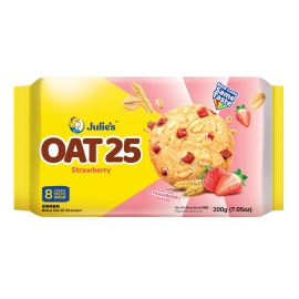 Julie's Oat 25 Cookie Strawberry 200g pack featuring oat-based cookies with strawberry flavour, shown in branded packaging with strawberry imagery.
