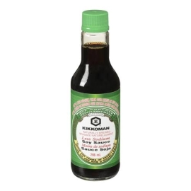 Kikkoman Less Sodium Soy Sauce 296ml bottle with reduced salt soy sauce for seasoning and Asian cooking.