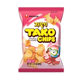 Korea Nongshim Tako Chips 60g snack bag featuring crispy octopus-shaped chips with a savory seafood flavor, Korean packaging design, and product branding.