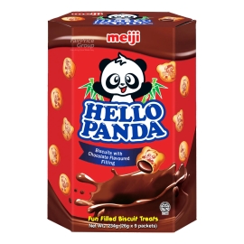 Meiji Hello Panda Chocolate Filled Cocoa Biscuits 260g box featuring chocolate-filled cocoa biscuits with playful panda-shaped designs in colorful branded packaging.