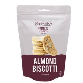 Melvados Almond Biscotti 100g pack featuring crisp almond biscotti cookies with visible almond pieces, presented in elegant branded packaging.