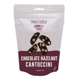 Melvados Chocolate Hazelnut Cantuccini 100g pack featuring crunchy Italian-style biscotti with chocolate and hazelnut flavour, presented in elegant branded packaging.