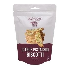 Melvados Citrus Pistachio Biscotti 100g pack featuring crisp Italian-style biscotti with citrus and pistachio pieces, presented in elegant branded packaging.