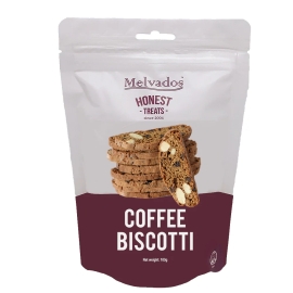 Melvados Coffee Kopi Biscotti 100g pack featuring crunchy Italian-style biscotti infused with coffee kopi flavour, shown in branded packaging.