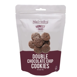 Melvados Double Chocolate Cookies 100g pack featuring rich chocolate cookies with a double chocolate flavour, shown in branded packaging.