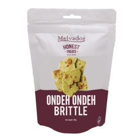 Melvados Ondeh Ondeh Brittle 100g pack featuring crispy brittle pieces inspired by traditional ondeh ondeh flavours, with a sweet coconut and pandan-infused treat design.