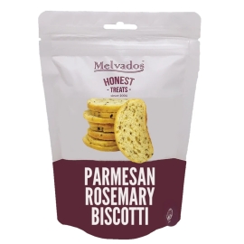 Melvados Parmesan Rosemary Biscotti 100g pack featuring crunchy Italian-style biscotti infused with parmesan cheese and rosemary flavours in branded packaging.