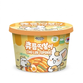 Miga Topokki Bowl Cheese 140g Korean-style spicy rice cake cup with cheese flavor packaging.