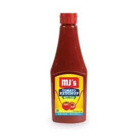 Mj's Tomato Ketchup 340g bottle featuring rich tomato flavour sauce packaging for snacks, fries, burgers, and everyday cooking use.