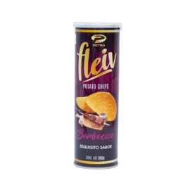 A 100g packet of Petra Fleiv Barbecue Potato Chips featuring barbecue-flavoured potato chips packaging with a savoury snack product design.