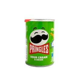 A 42g can of Pringles Sour Cream & Onion potato crisps featuring the classic red Pringles tube design with a green sour cream and onion label.