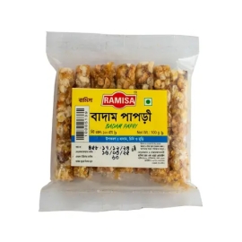 Ramisa Badam Papri 100g pack featuring crispy almond-flavored sweet snack pieces.