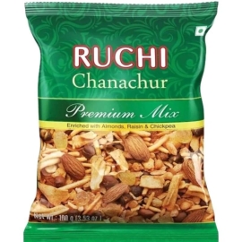 Ruchi Premium Mix Chanachur 200g packet featuring a crunchy blend of savory snacks with almonds, raisins, lentils, chickpeas, and paprika flavor.