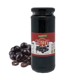 Saporita Pitted Black Olives in a 340g jar, premium quality black olives ready for salads, pizzas, and Mediterranean dishes.