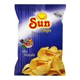 Packet of Sun Potato Chips Mix Masala 80g featuring crispy potato chips seasoned with a spicy masala blend, shown in a colorful snack packaging.