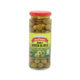 Swiss Garden Green Plain Olives 340ml – Premium plain green olives jar, perfect for salads, pizzas, pasta, and Mediterranean dishes.