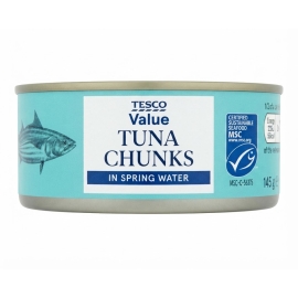 Tesco Tuna Chunks in Spring Water 145g Can – Canned tuna chunks preserved in spring water for a light and convenient seafood option.