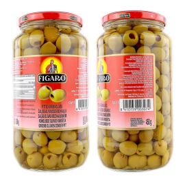 Figaro Pitted Green Olives 920g – Premium pitted green olives jar, perfect for salads, pizzas, pasta, and Mediterranean dishes.