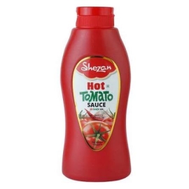 Shezan Hot Tomato Sauce 340g bottle with spicy tomato flavor, ideal for snacks, fast food, and cooking.