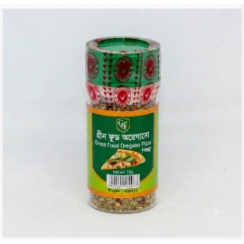 Green Food Oregano Pizza 15g pack, a 15g packet of dried oregano leaves used as a pizza seasoning herb, commonly sprinkled on pizzas, pasta, and Italian-style dishes to enhance flavor and aroma.