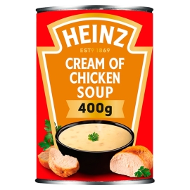 Heinz Cream of Chicken Soup 400g tin, rich and creamy chicken soup, convenient ready meal.